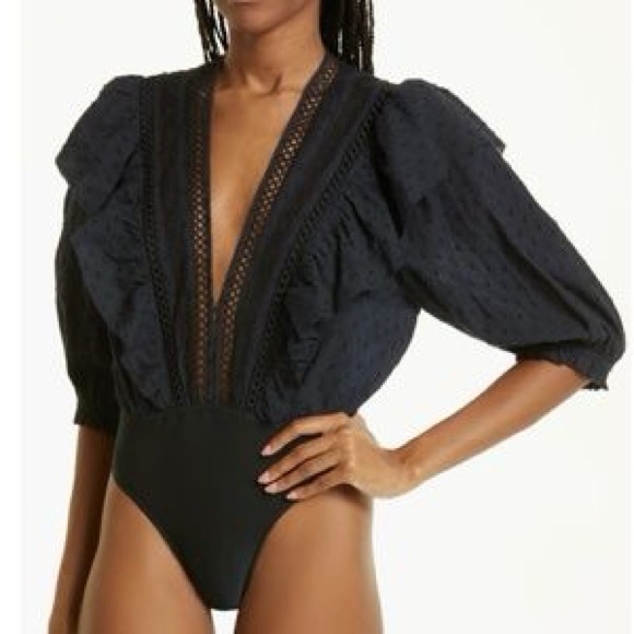 FARM Rio Tops - Farm Rio Plunging V-Neck Black Swiss Dot  Ruffled Eyelet Blouse bodysuit Size M